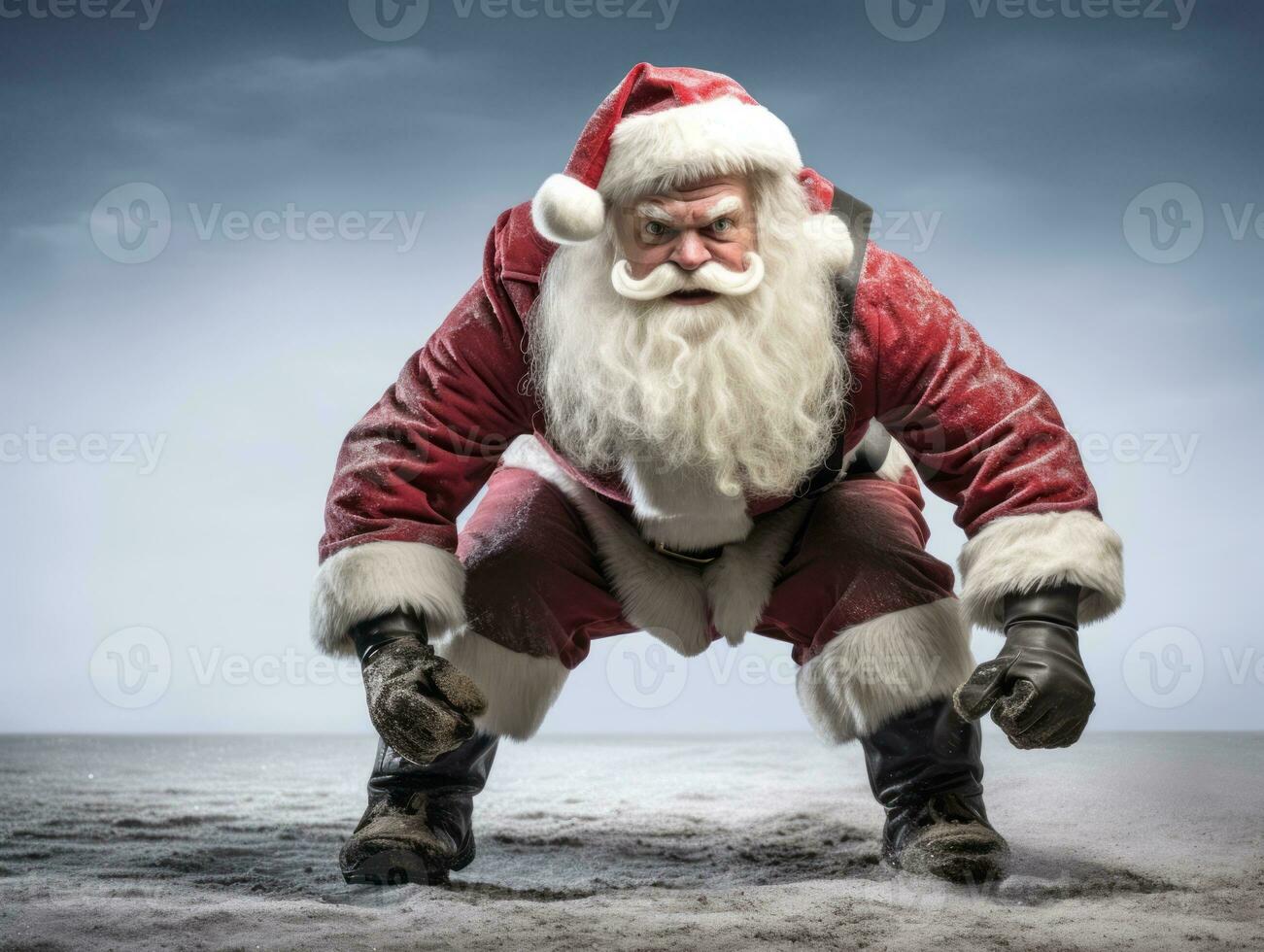 Man dressed as Santa Claus in playful pose on solid background AI Generative photo