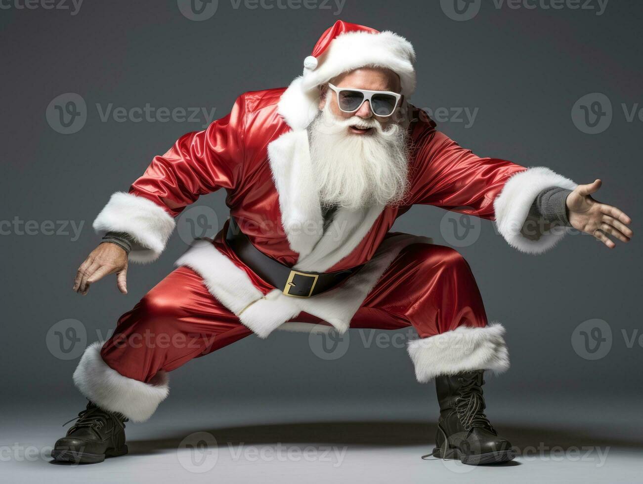 hombre vestido como Papa Noel claus en juguetón actitud en sólido antecedentes ai generativo foto