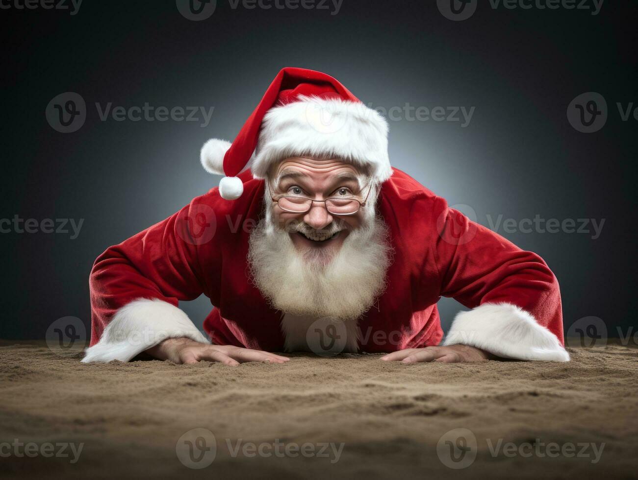 Man dressed as Santa Claus in playful pose on solid background AI Generative photo