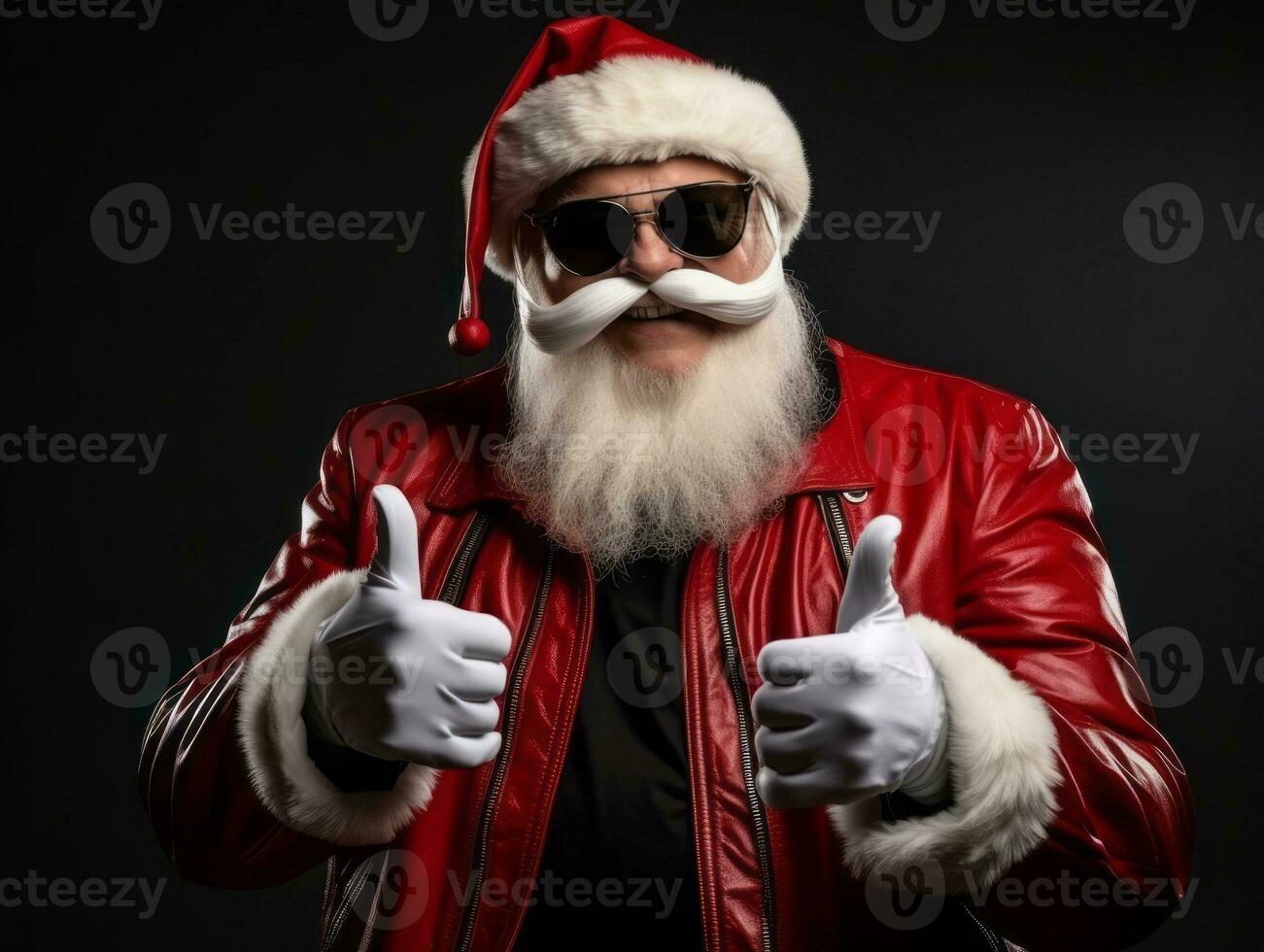 hombre vestido como Papa Noel claus en juguetón actitud en sólido antecedentes ai generativo foto