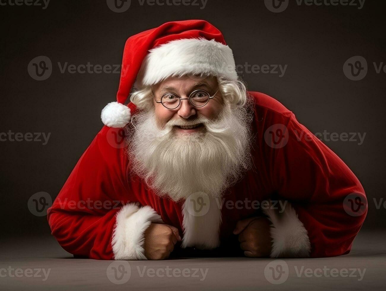 hombre vestido como Papa Noel claus en juguetón actitud en sólido antecedentes ai generativo foto