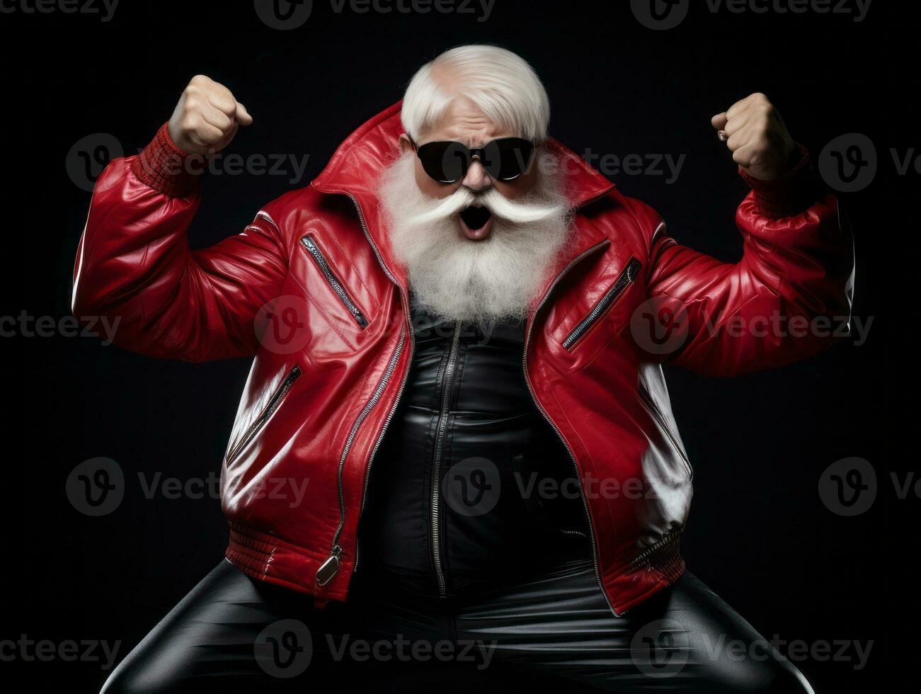 Man dressed as Santa Claus in playful pose on solid background AI Generative photo