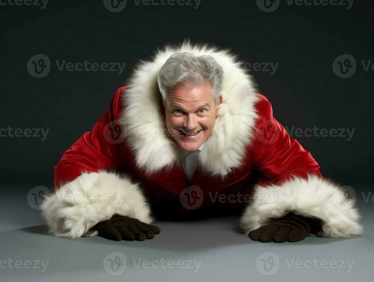 Man dressed as Santa Claus in playful pose on solid background AI Generative photo