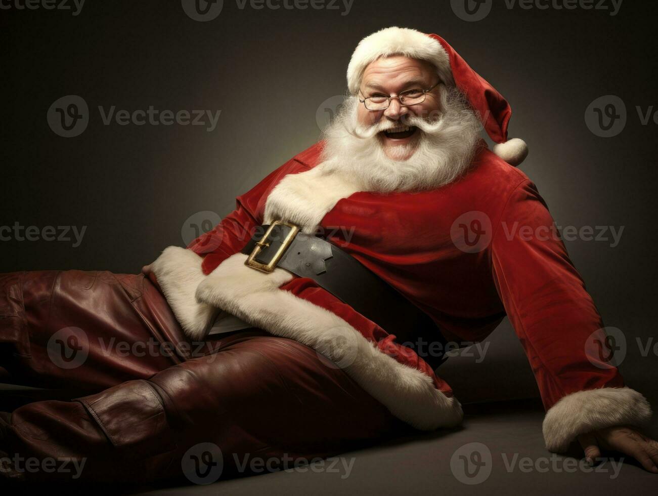 hombre vestido como Papa Noel claus en juguetón actitud en sólido antecedentes ai generativo foto