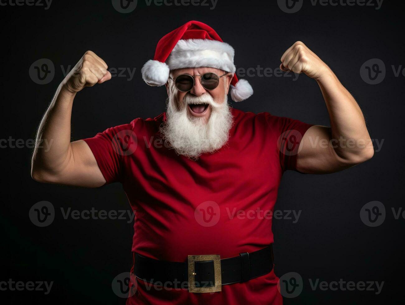 Man dressed as Santa Claus in playful pose on solid background AI Generative photo