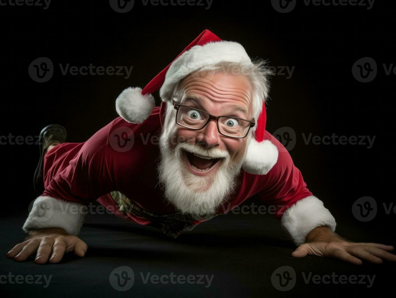 hombre vestido como Papa Noel claus en juguetón actitud en sólido antecedentes ai generativo foto