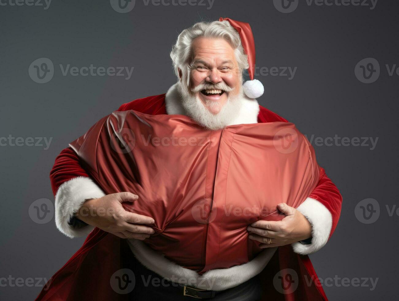 Man dressed as Santa Claus in playful pose on solid background AI Generative photo