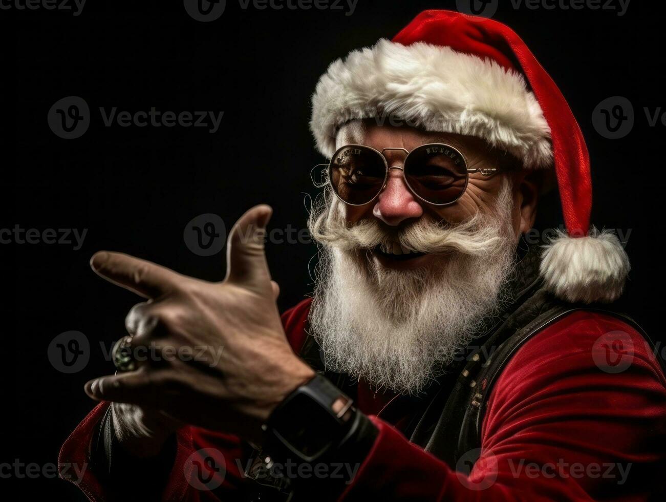 hombre vestido como Papa Noel claus en juguetón actitud en sólido antecedentes ai generativo foto