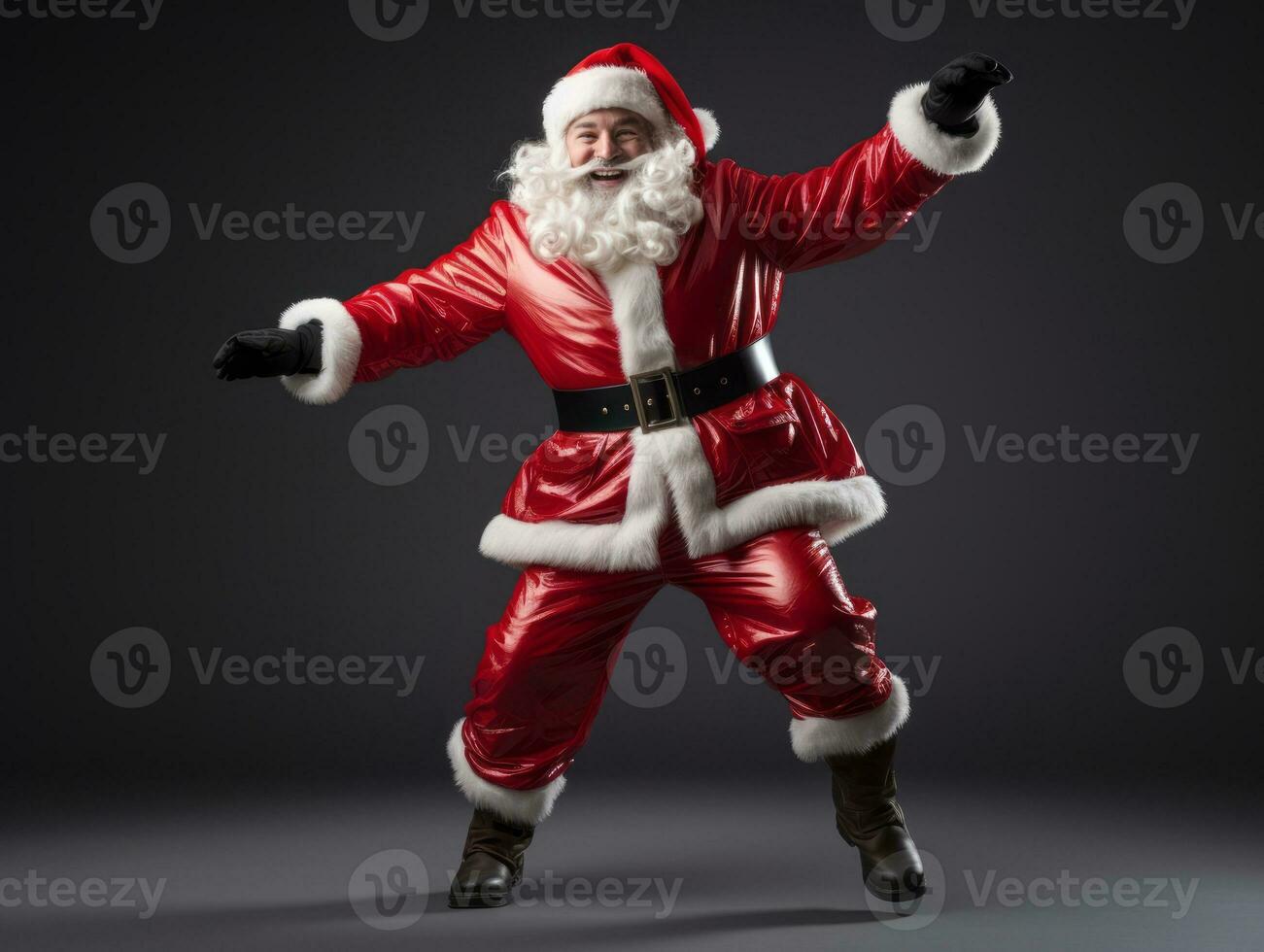 Man dressed as Santa Claus in playful pose on solid background AI Generative photo