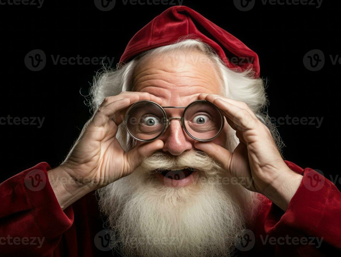 Man dressed as Santa Claus in playful pose on solid background AI Generative photo