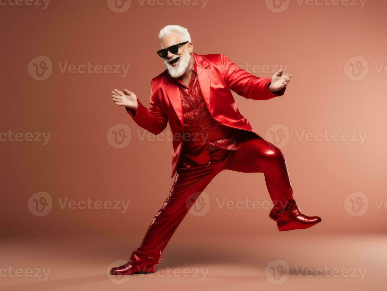 Man dressed as Santa Claus in playful pose on solid background AI Generative photo