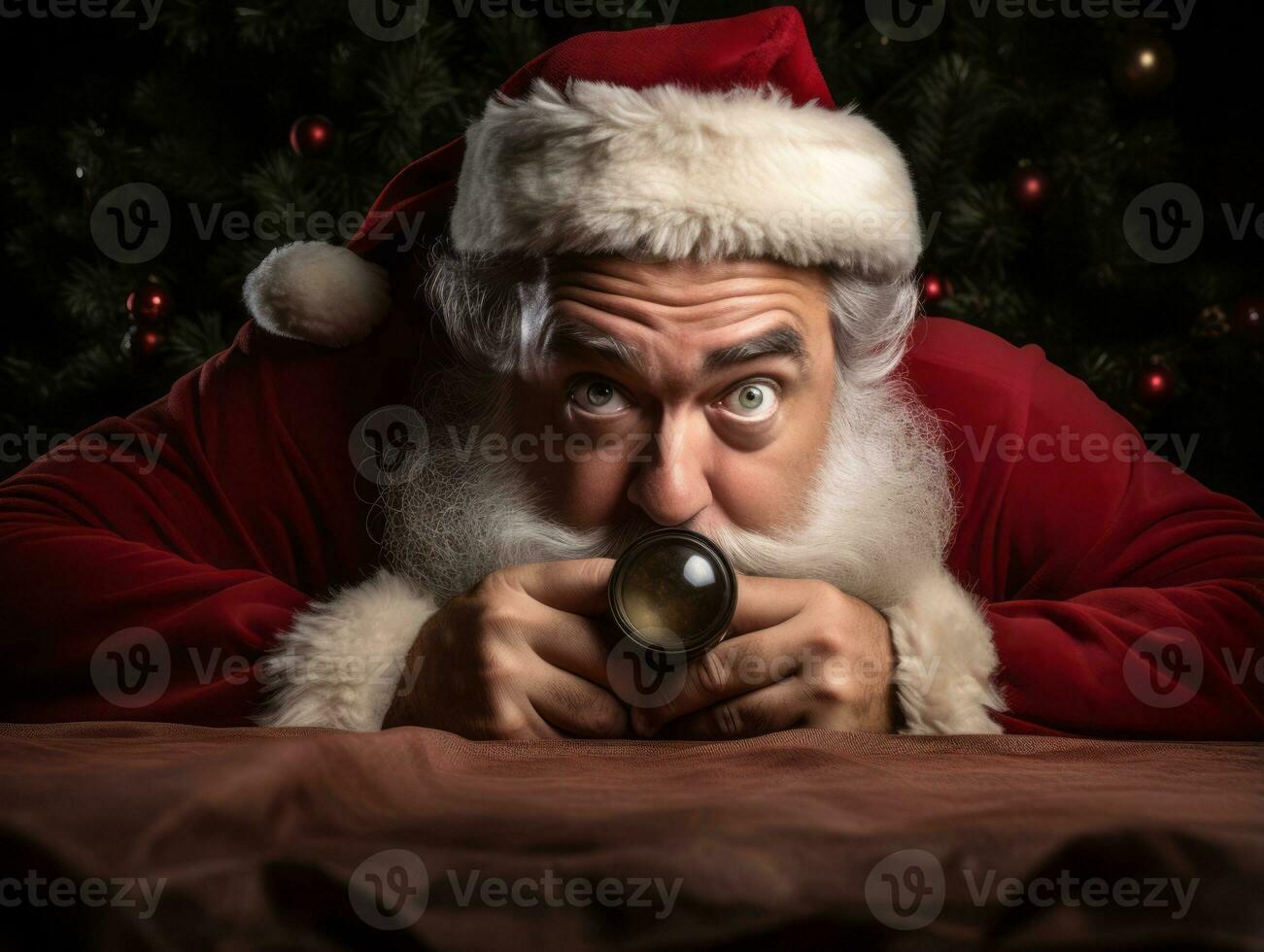 Man dressed as Santa Claus in playful pose on solid background AI Generative photo