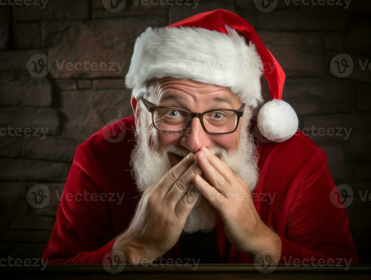 Man dressed as Santa Claus in playful pose on solid background AI Generative photo