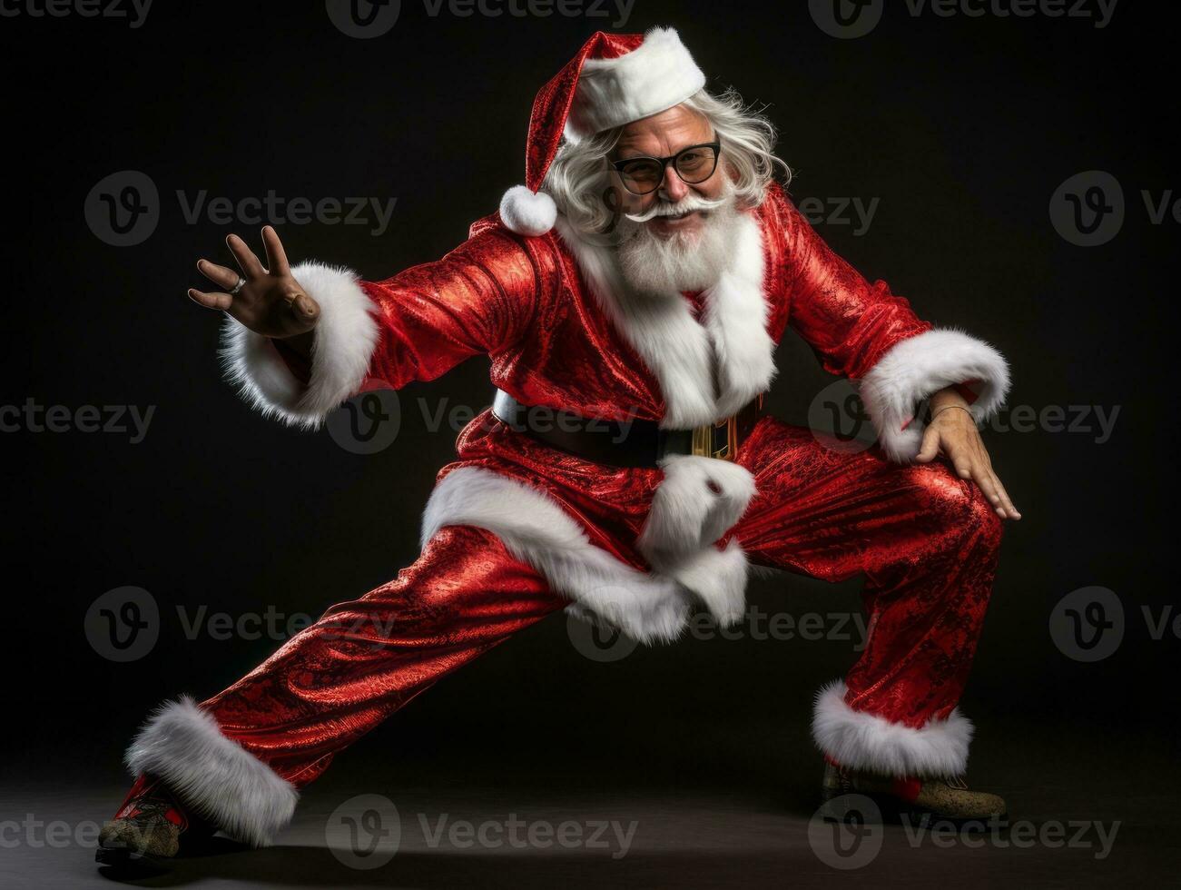 hombre vestido como Papa Noel claus en juguetón actitud en sólido antecedentes ai generativo foto