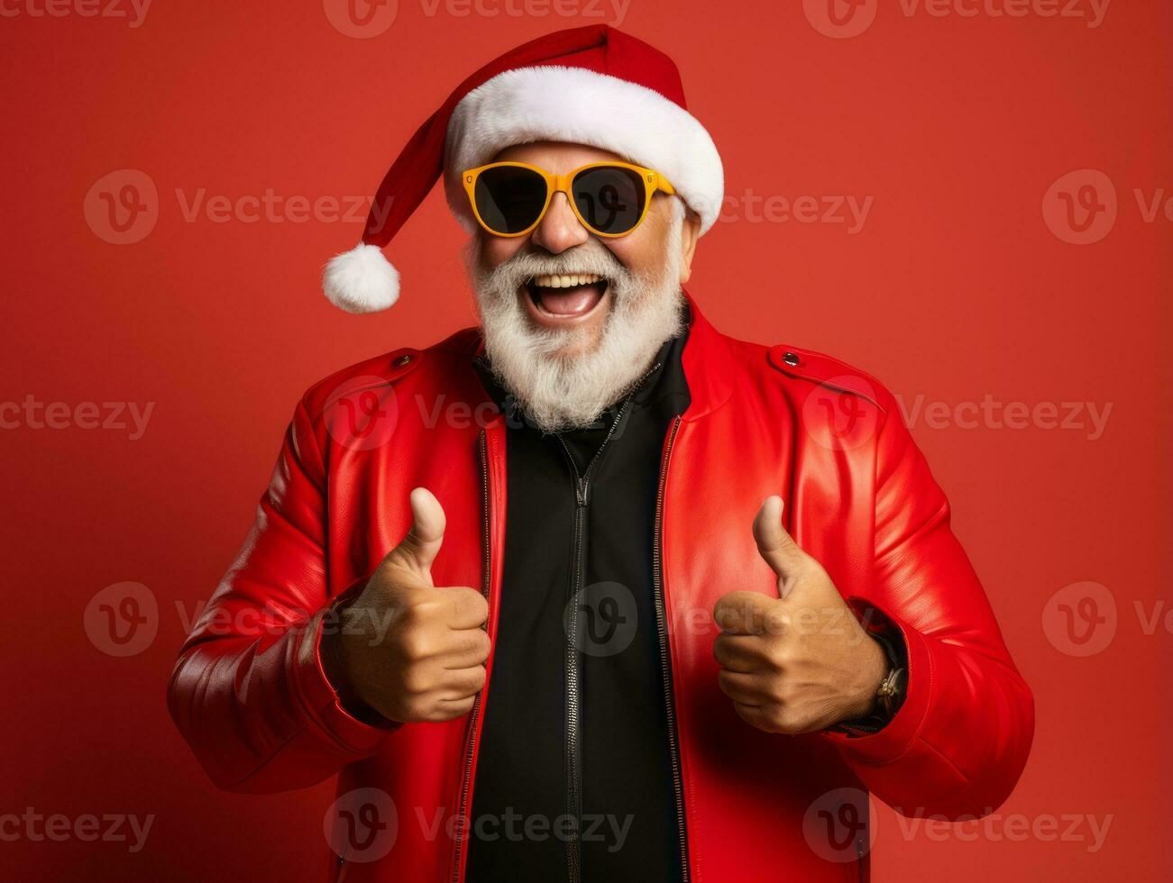 Man dressed as Santa Claus in playful pose on solid background AI Generative photo