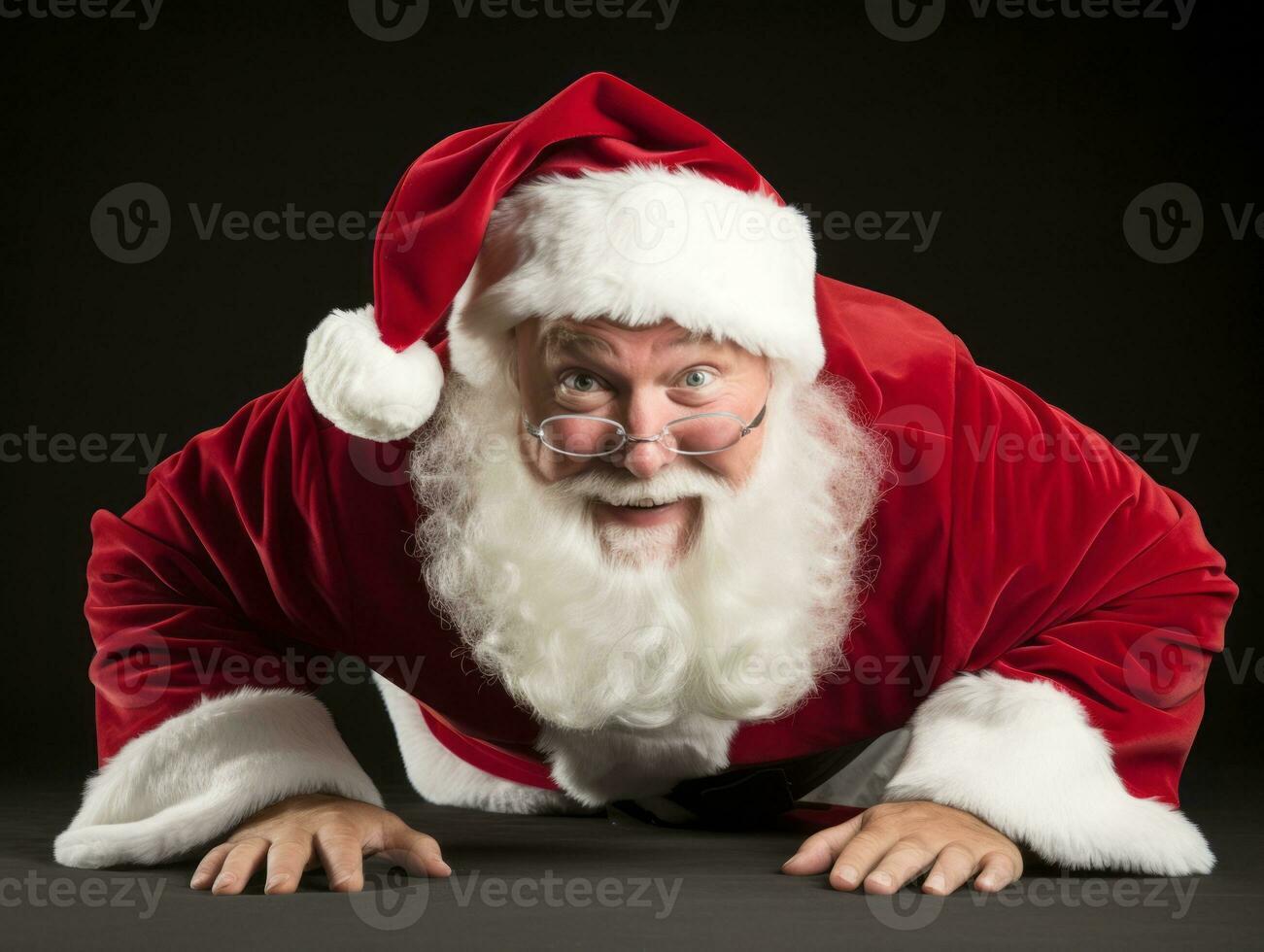 Man dressed as Santa Claus in playful pose on solid background AI Generative photo