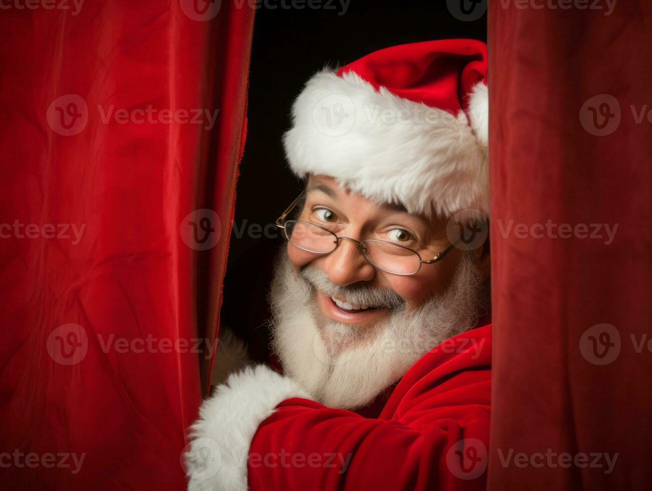 Man dressed as Santa Claus in playful pose on solid background AI Generative photo