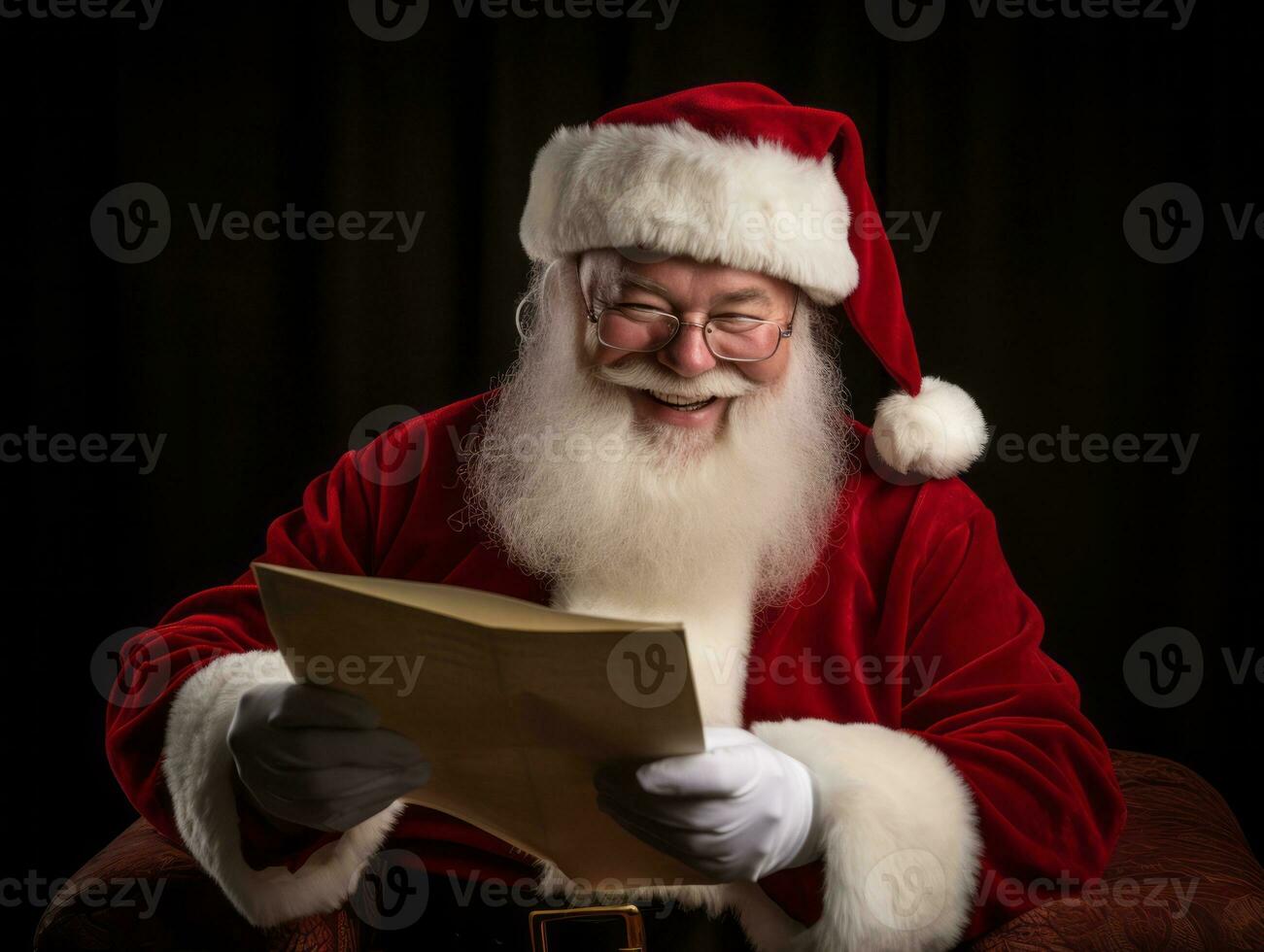 hombre vestido como Papa Noel claus en juguetón actitud en sólido antecedentes ai generativo foto