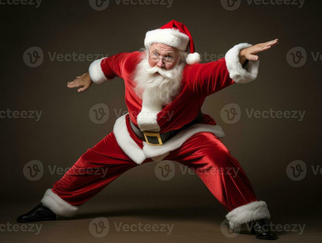 Man dressed as Santa Claus in playful pose on solid background AI Generative photo