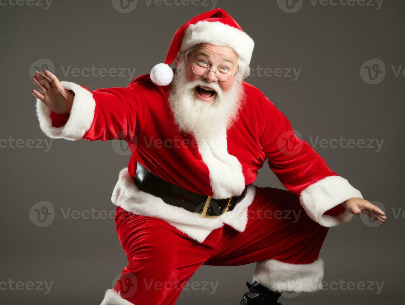 Man dressed as Santa Claus in playful pose on solid background AI Generative photo