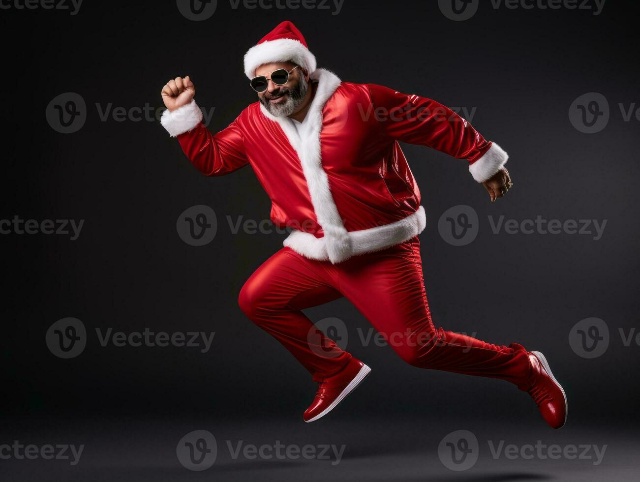 Man dressed as Santa Claus in playful pose on solid background AI Generative photo