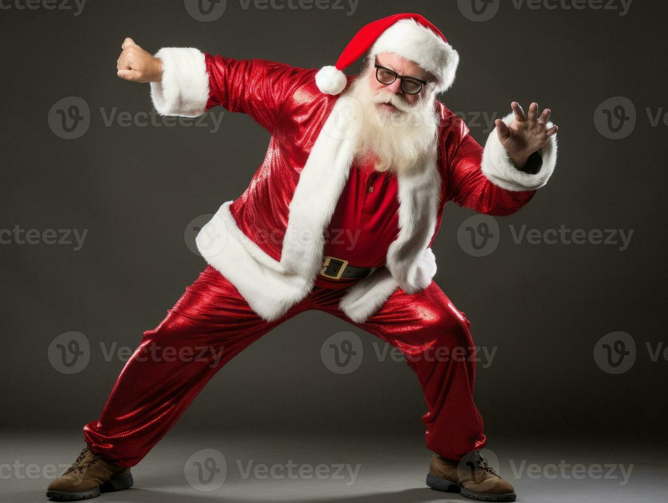 Man dressed as Santa Claus in playful pose on solid background AI Generative photo