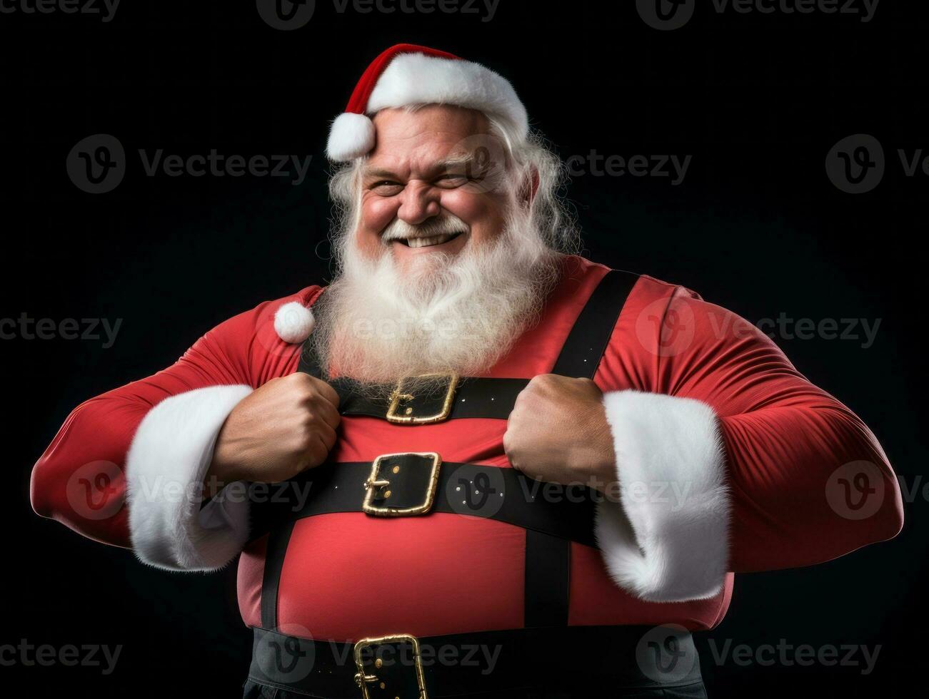 hombre vestido como Papa Noel claus en juguetón actitud en sólido antecedentes ai generativo foto