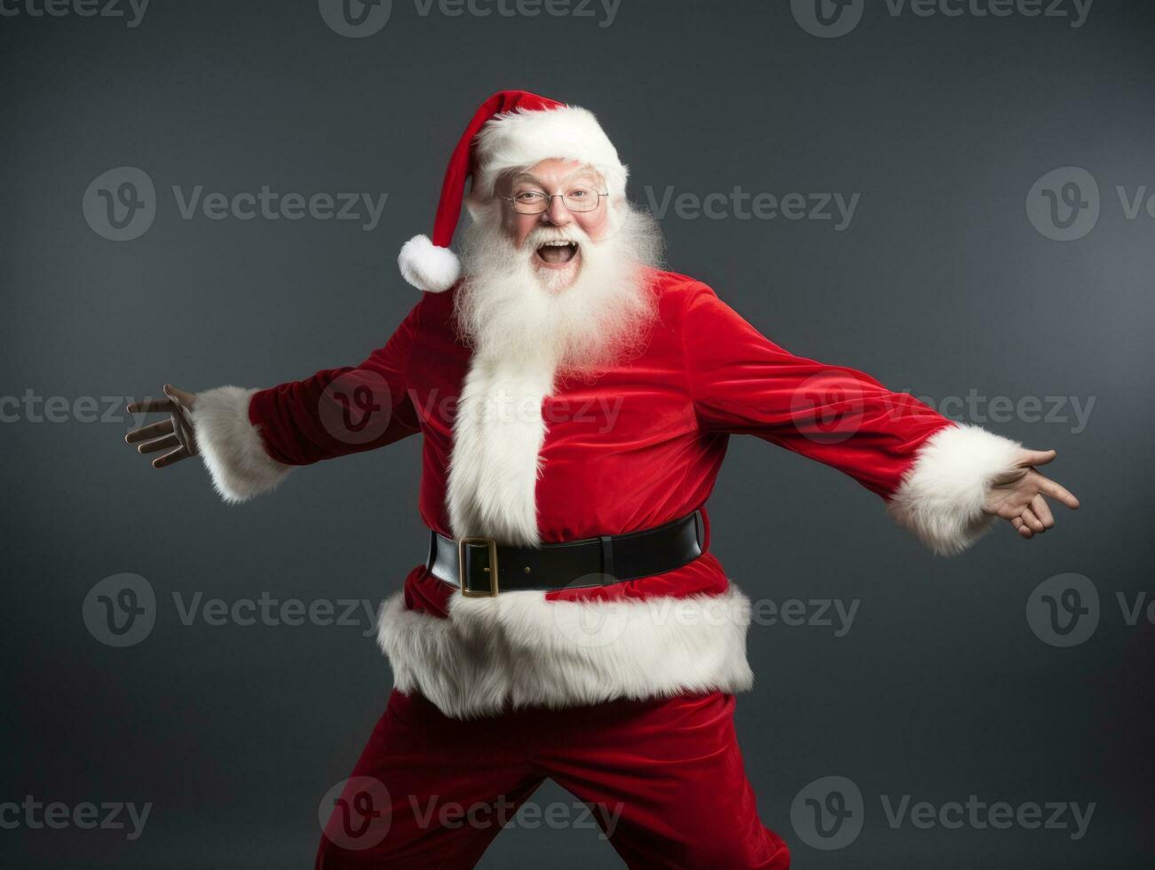 Man dressed as Santa Claus in playful pose on solid background AI Generative photo