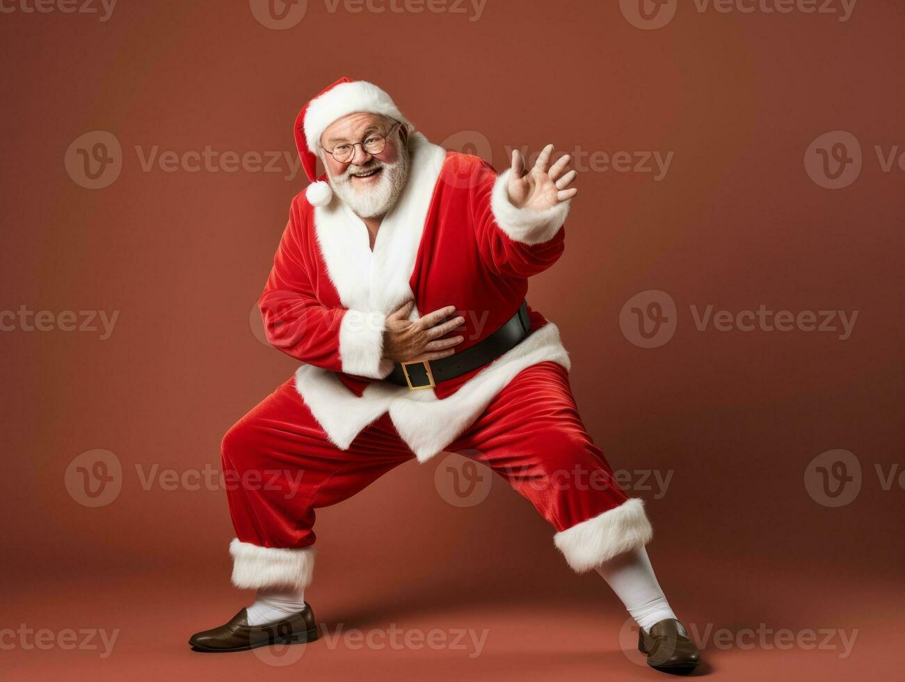 Man dressed as Santa Claus in playful pose on solid background AI Generative photo