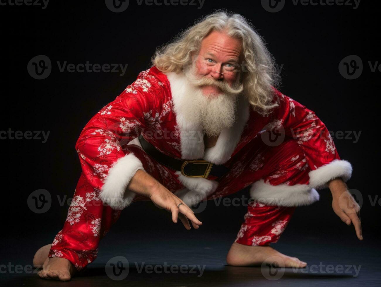 hombre vestido como Papa Noel claus en juguetón actitud en sólido antecedentes ai generativo foto