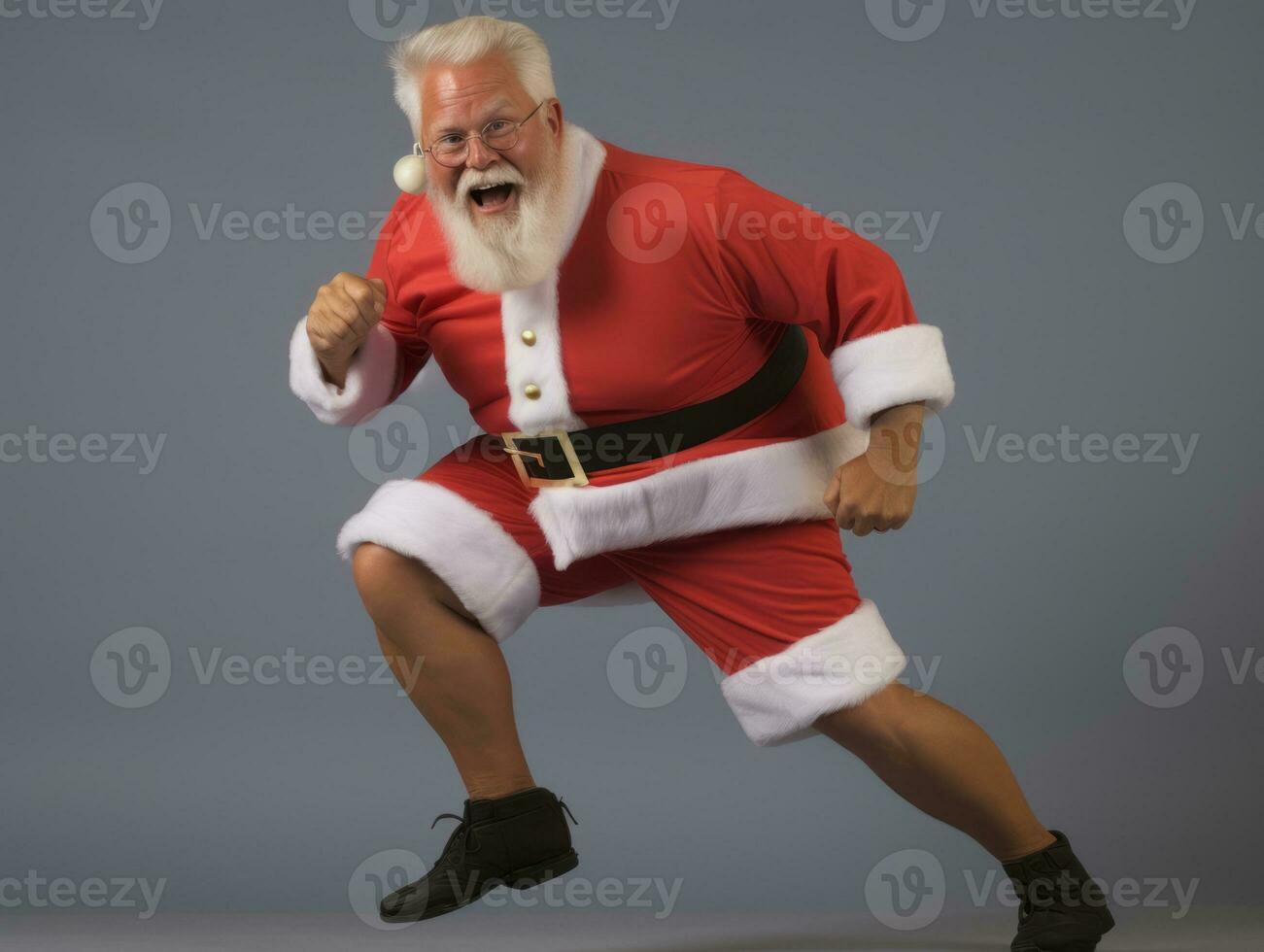 Man dressed as Santa Claus in playful pose on solid background AI Generative photo