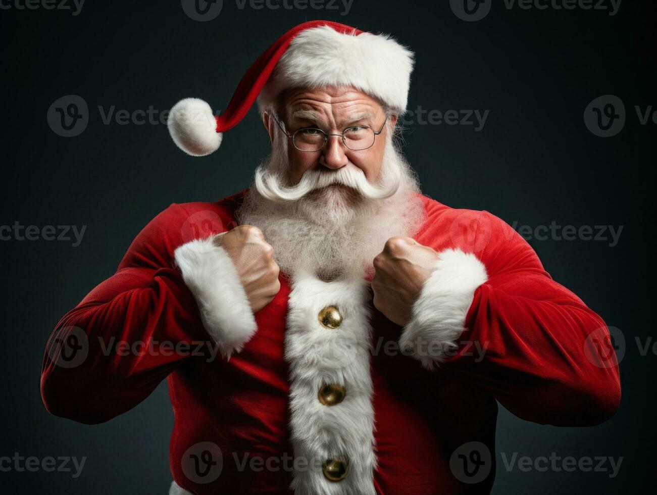 Man dressed as Santa Claus in playful pose on solid background AI Generative photo
