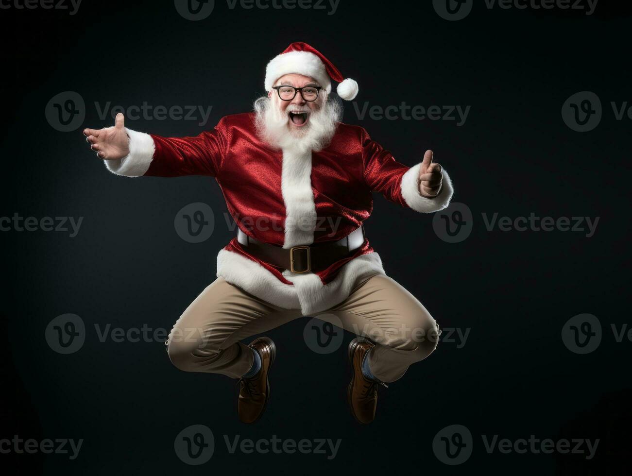 hombre vestido como Papa Noel claus en juguetón actitud en sólido antecedentes ai generativo foto