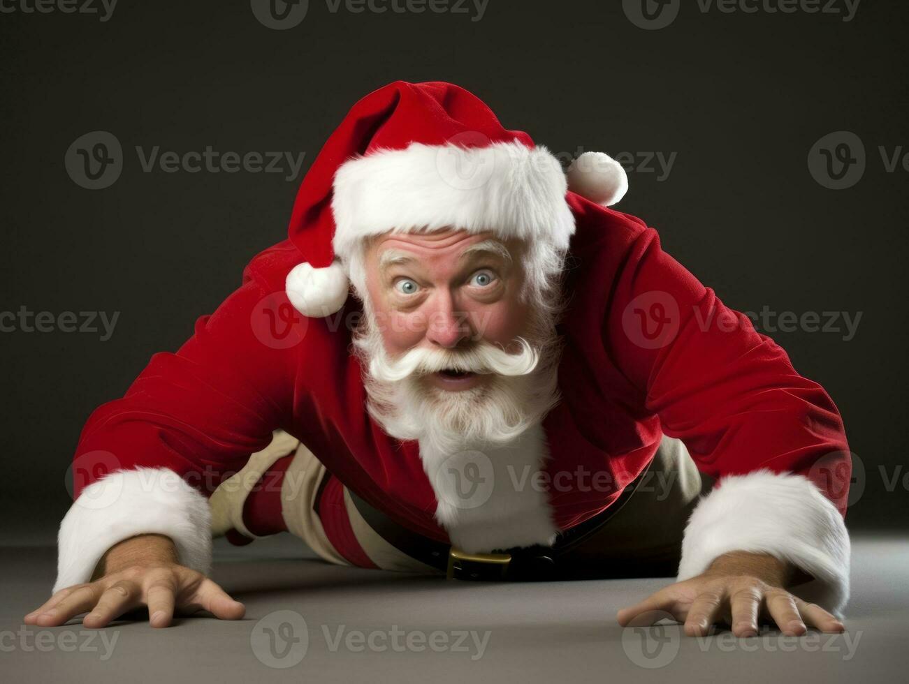 Man dressed as Santa Claus in playful pose on solid background AI Generative photo