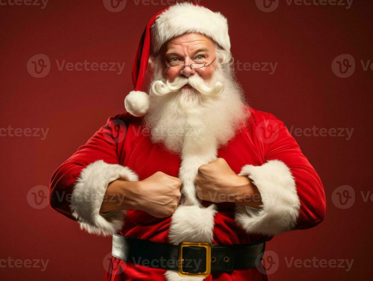 Man dressed as Santa Claus in playful pose on solid background AI Generative photo