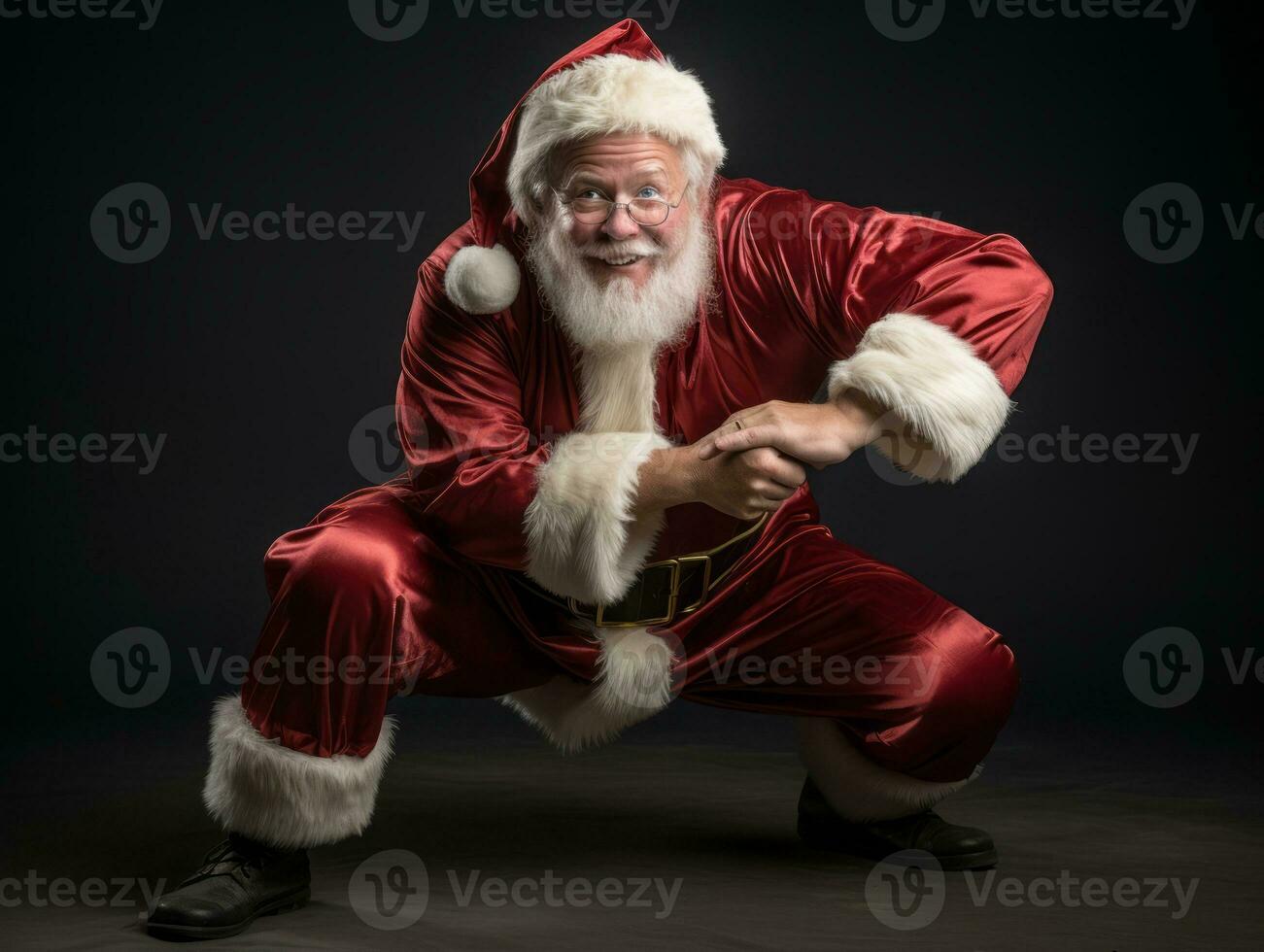 hombre vestido como Papa Noel claus en juguetón actitud en sólido antecedentes ai generativo foto