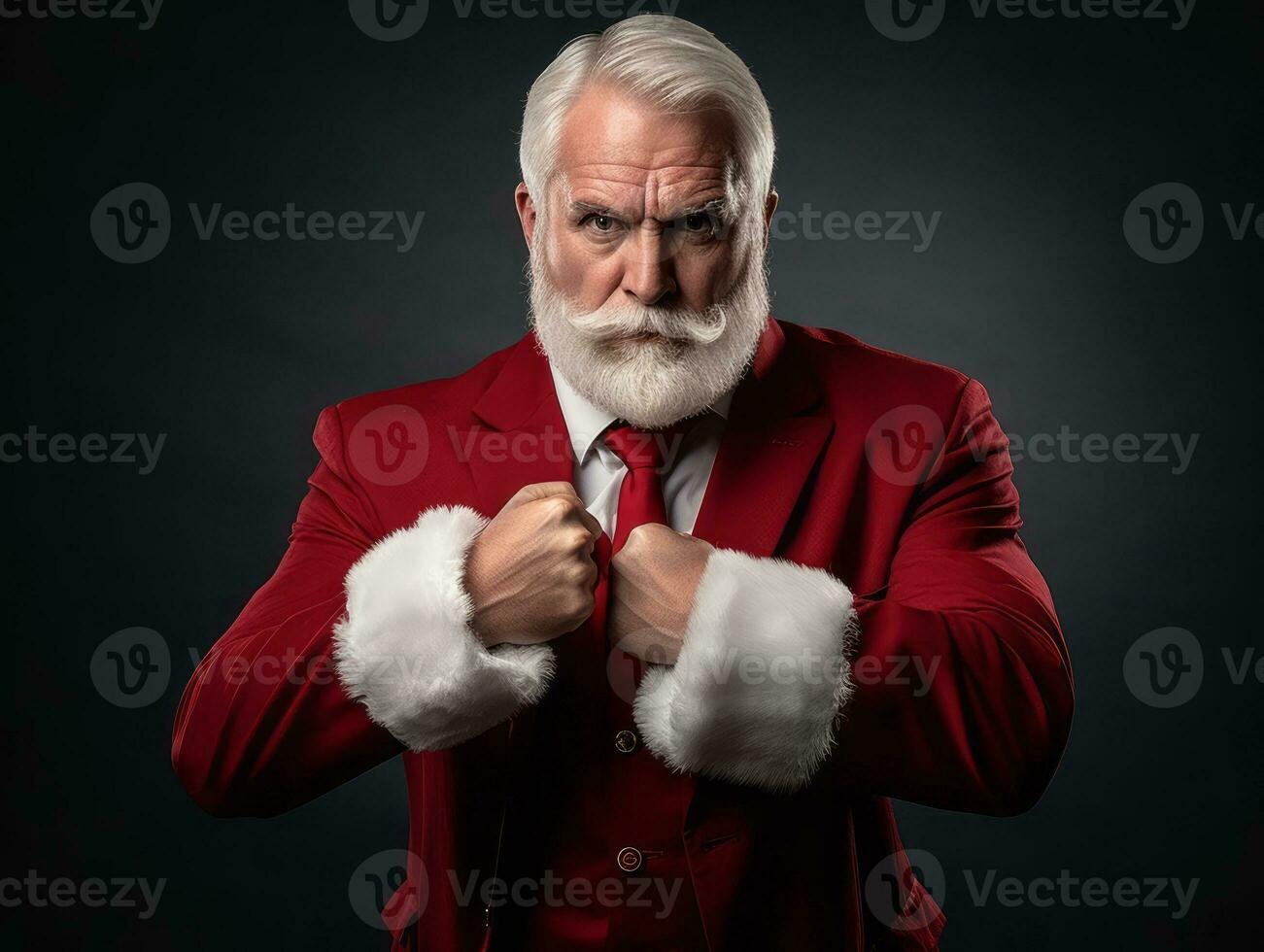 Man dressed as Santa Claus in playful pose on solid background AI Generative photo