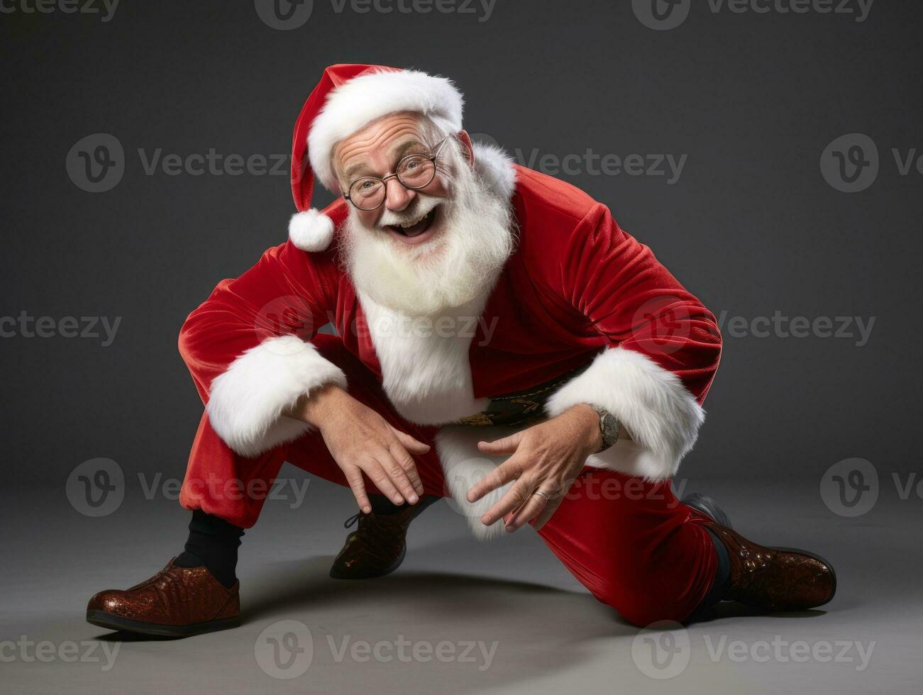 hombre vestido como Papa Noel claus en juguetón actitud en sólido antecedentes ai generativo foto