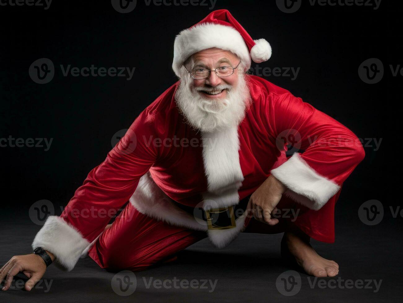 hombre vestido como Papa Noel claus en juguetón actitud en sólido antecedentes ai generativo foto