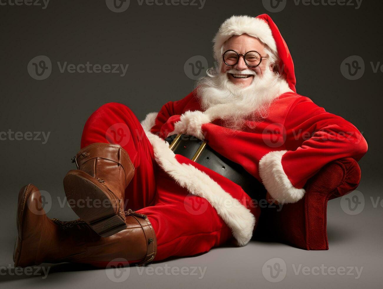 hombre vestido como Papa Noel claus en juguetón actitud en sólido antecedentes ai generativo foto