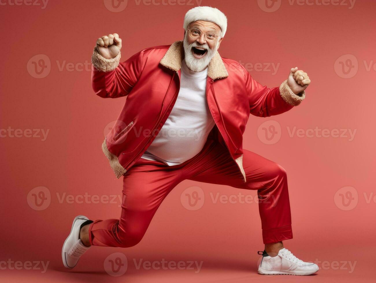 Man dressed as Santa Claus in playful pose on solid background AI Generative photo