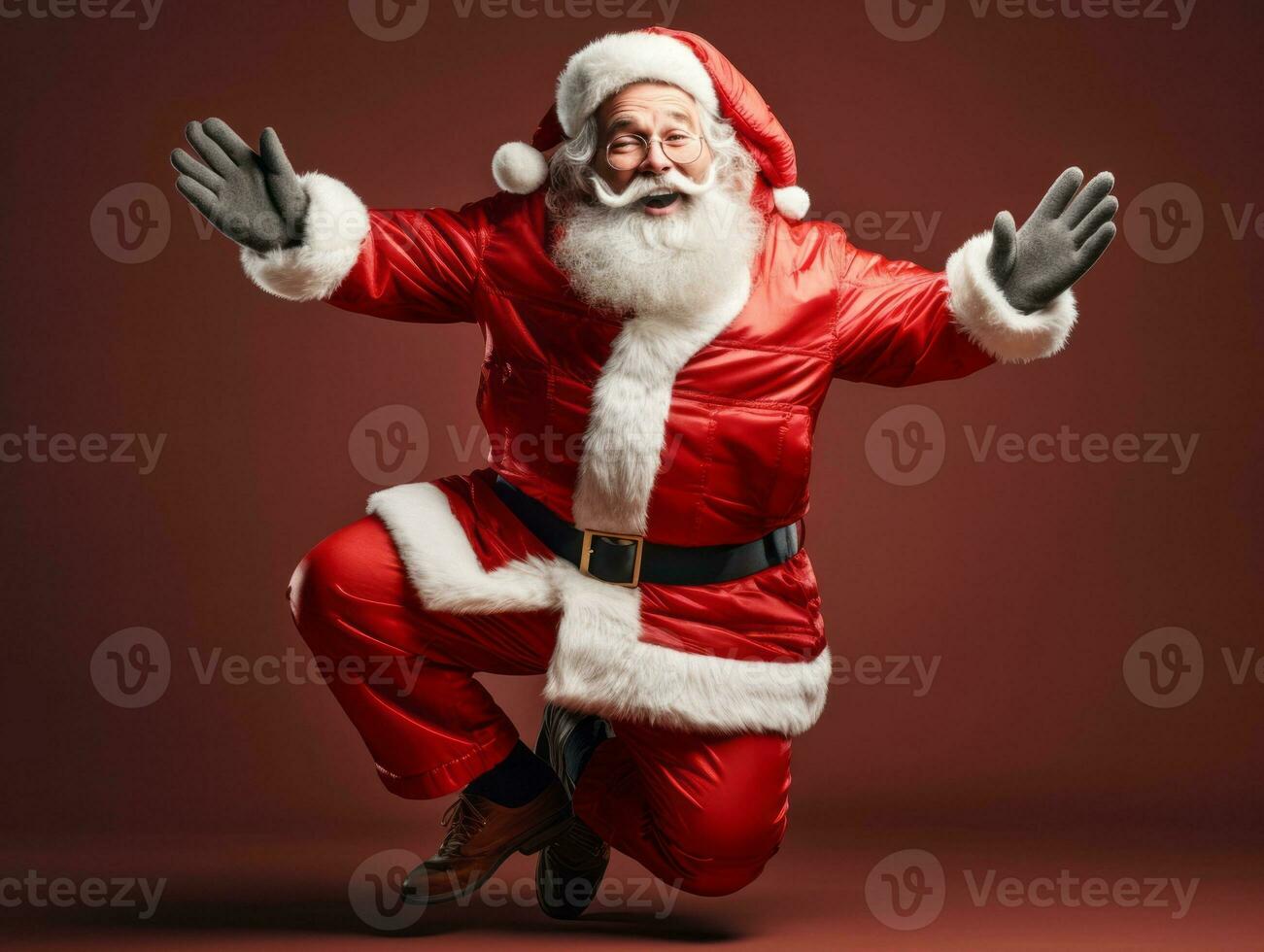 Man dressed as Santa Claus in playful pose on solid background AI Generative photo