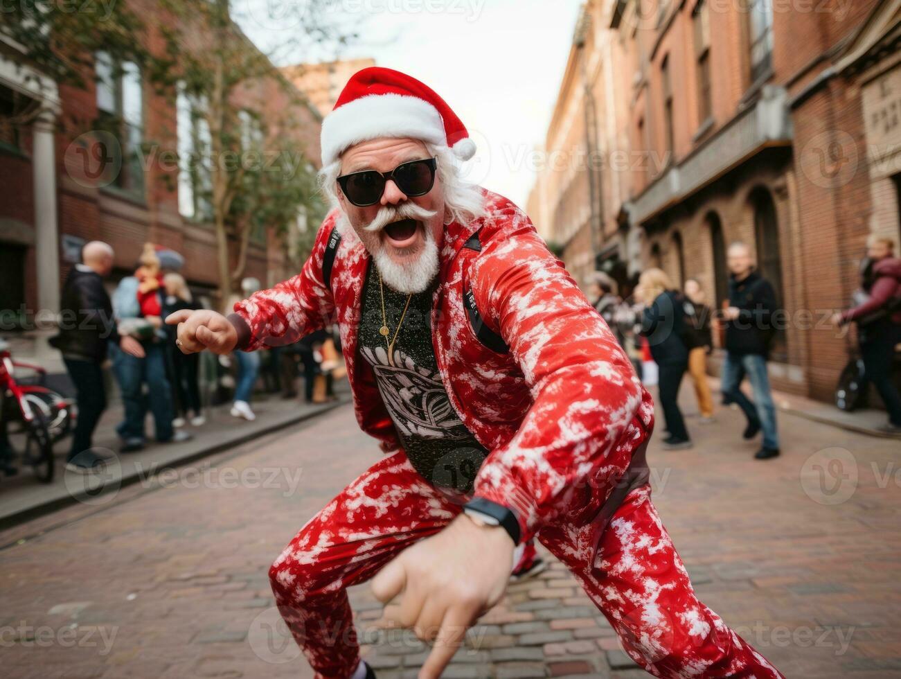 Man dressed as Santa Claus in playful pose on solid background AI Generative photo