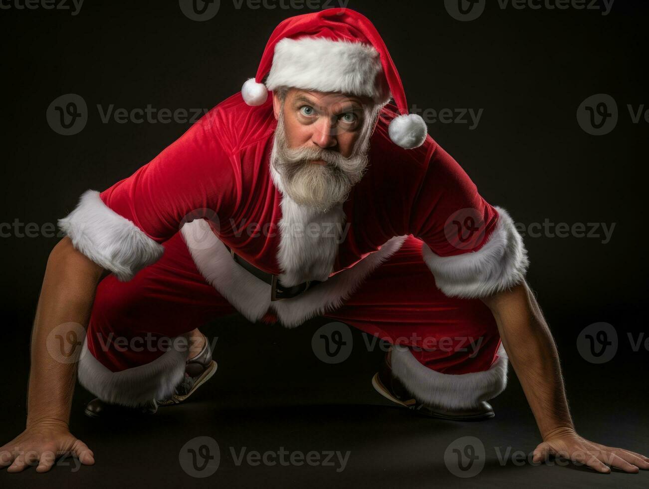 hombre vestido como Papa Noel claus en juguetón actitud en sólido antecedentes ai generativo foto