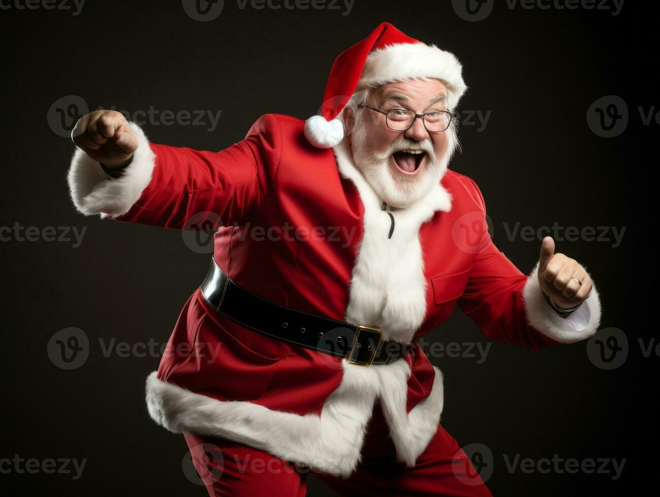 Man dressed as Santa Claus in playful pose on solid background AI Generative photo