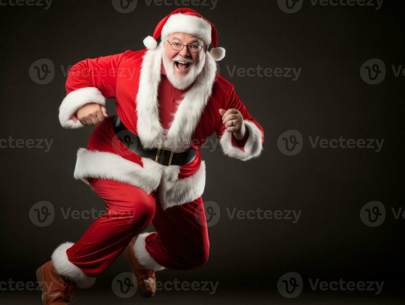 Man dressed as Santa Claus in playful pose on solid background AI Generative photo