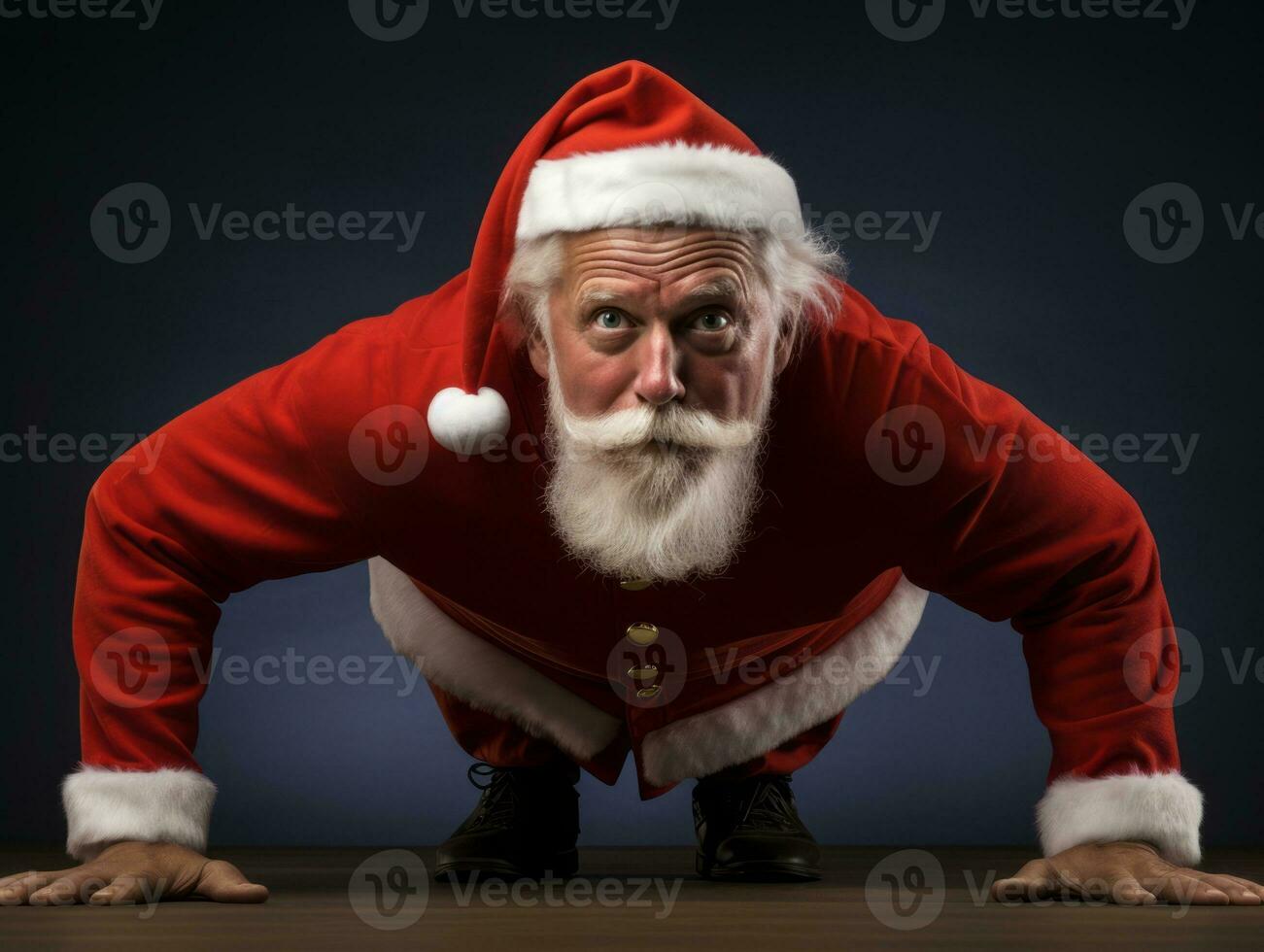 Man dressed as Santa Claus in playful pose on solid background AI Generative photo