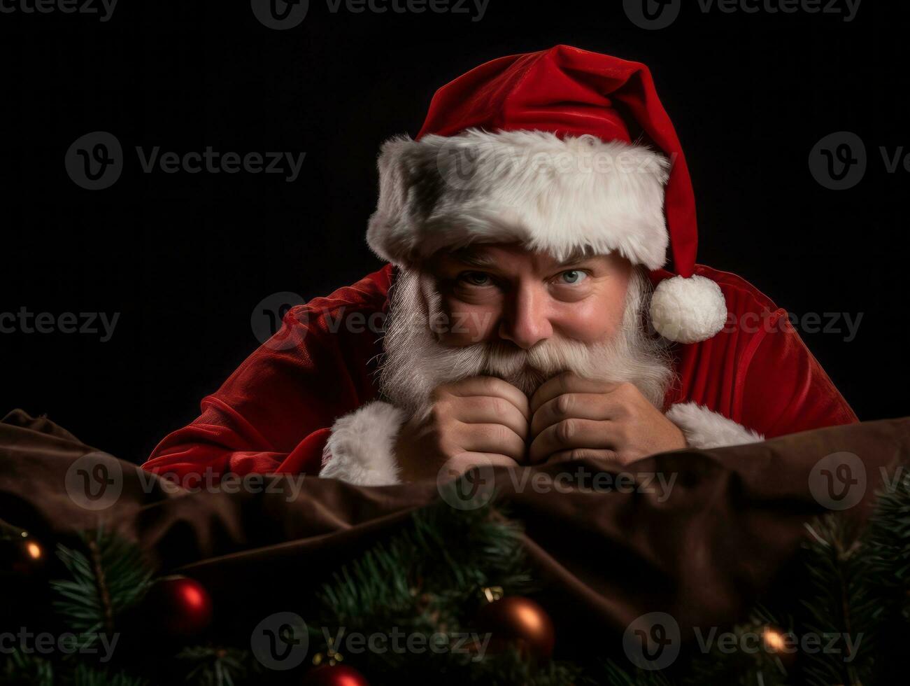 Man dressed as Santa Claus in playful pose on solid background AI Generative photo