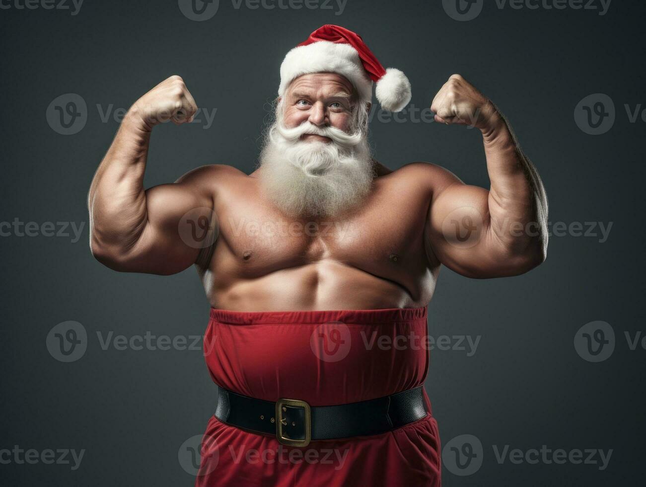 Man dressed as Santa Claus in playful pose on solid background AI Generative photo