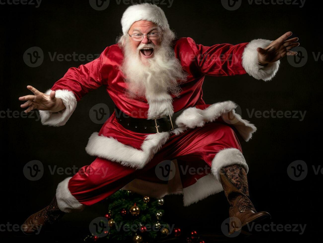 hombre vestido como Papa Noel claus en juguetón actitud en sólido antecedentes ai generativo foto